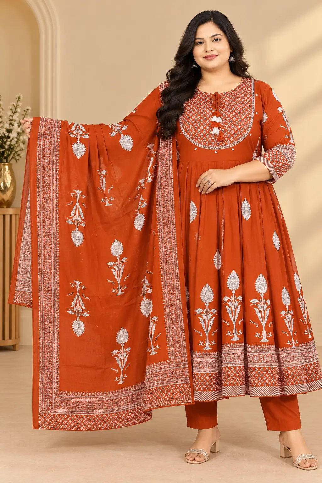 Plus Size High Neck Cotton Anarkali Set | Thread Embroidery – SSV ...