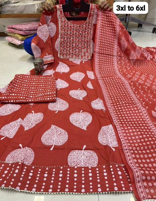 Big Size Pure Cotton Kurti Pent Duppata Set – Rust Orange