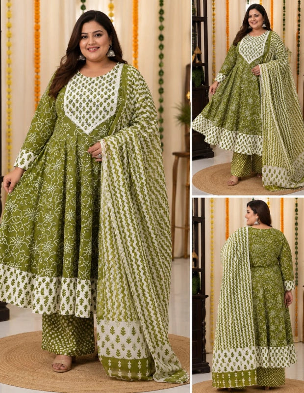 Big Size Pure Cotton Kurti Pent Duppata Set – Leaf Green – SSVB05