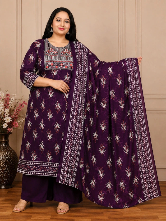 Plus Size Rayon Pannel Cut Anarkali 3-Pcs Set