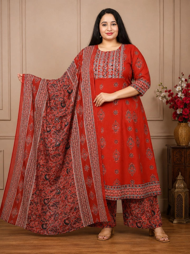 Plus Size Rayon Pannel Cut Anarkali 3-Pcs Set