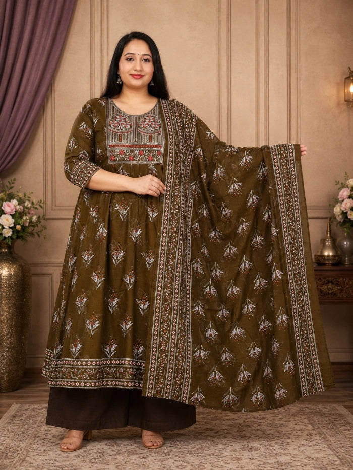 Plus Size Rayon Pannel Cut Anarkali 3-Pcs Set