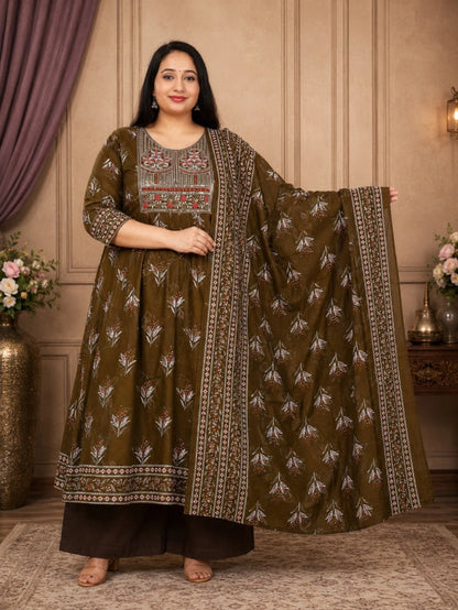 Plus Size Rayon Pannel Cut Anarkali 3-Pcs Set