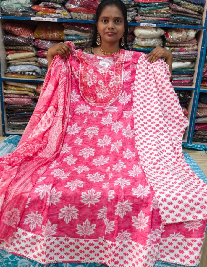 Plus Size Cotton Pannel Cut Anarkali 3pcs Set