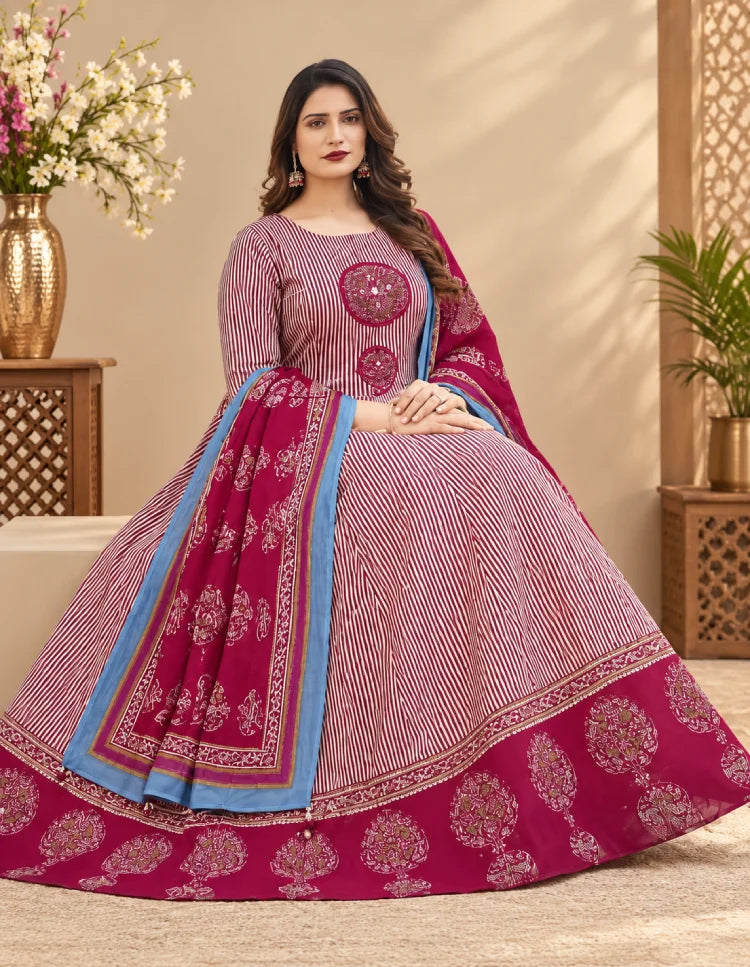 Plus Size Pure Cotton Anarkali Mirror Work 3-Piece Set for Women