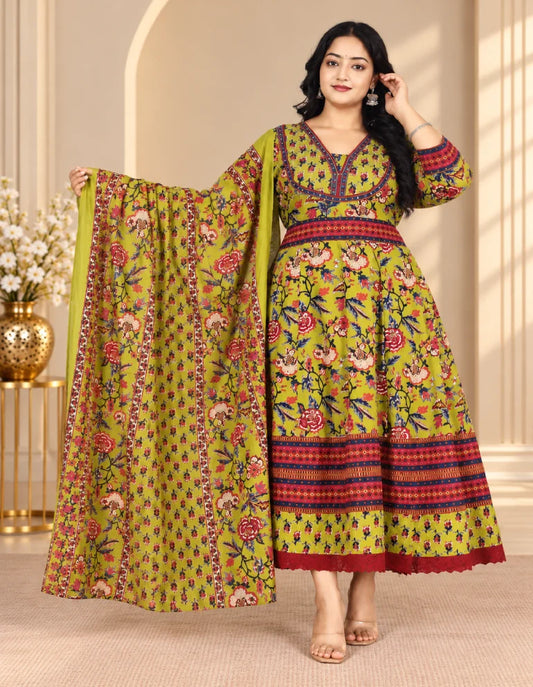 Plus Size Jaipur Umbrella Cotton With Dupatta