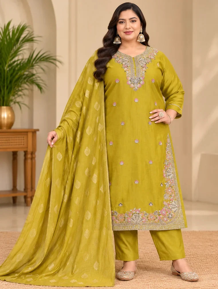 Mehndi Green Plus Size Salsa Glass Silk 3 Piece Set with embroidered top, pant and dupatta