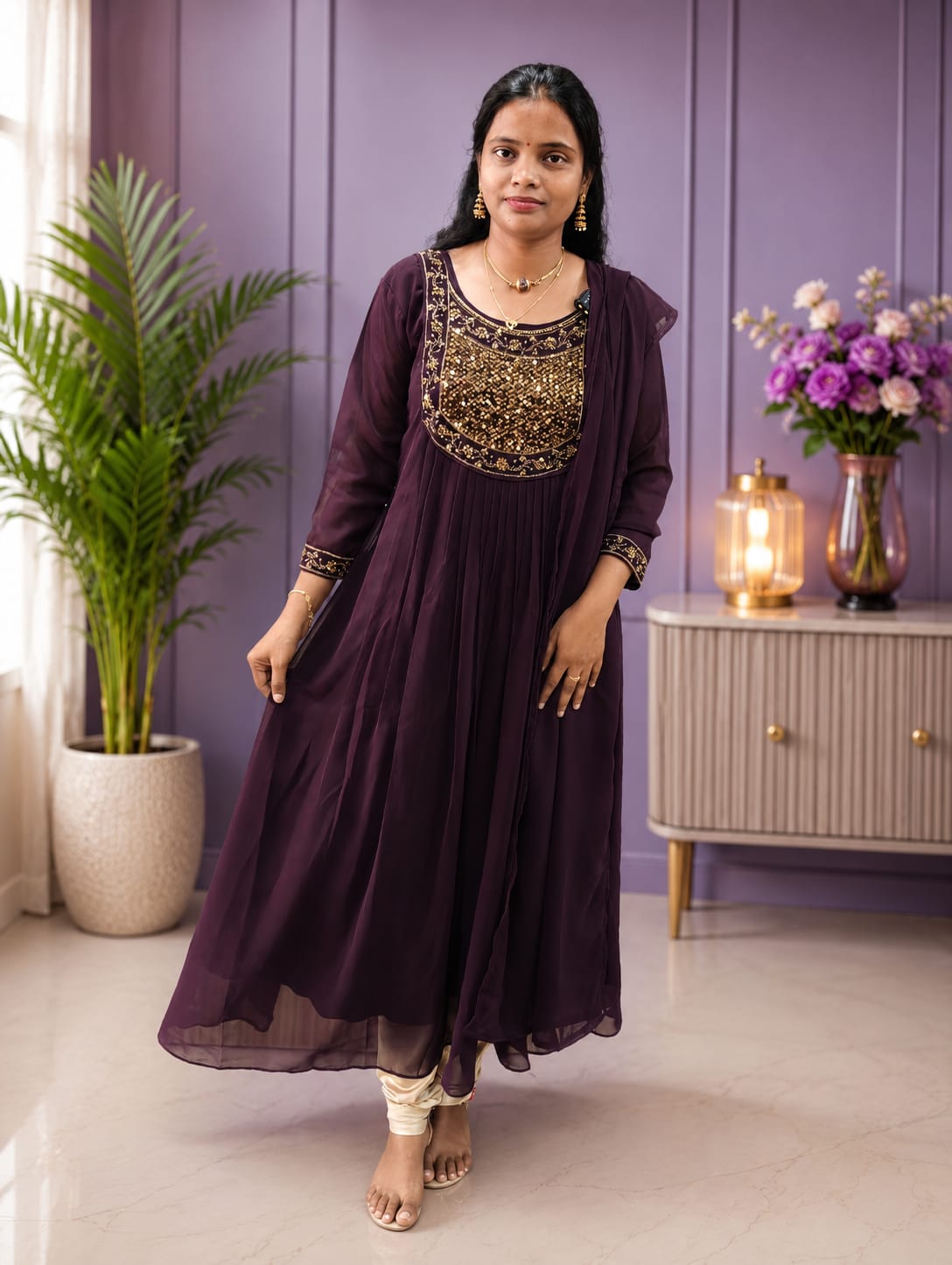 Small Size Aari Work Anarkali Top with Dupatta