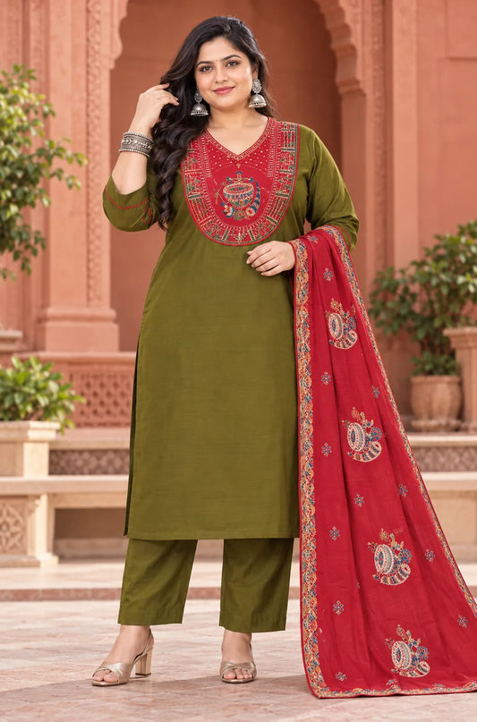 Slub Silk 3pcs Set Embroidery