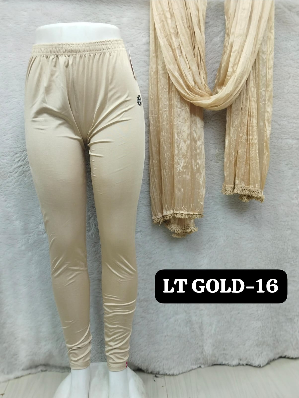 Shimmer Full Length Leggings and Dupatta - Light Gold