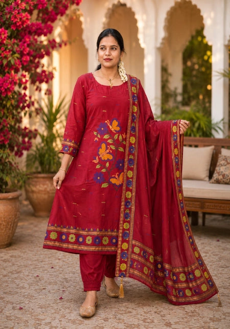 Jamdhani Fabric Thread Embroidery 3-Piece Set
