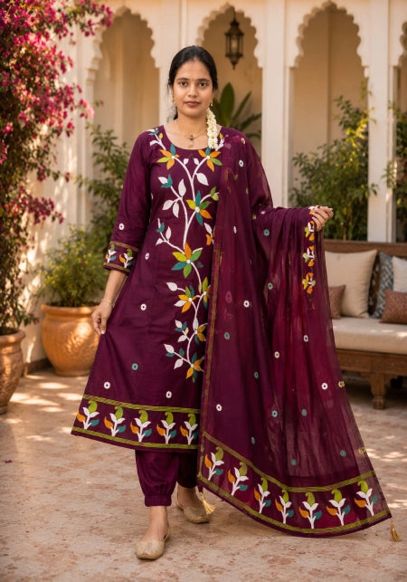 Jamdhani Fabric Thread Embroidery 3-Piece Set