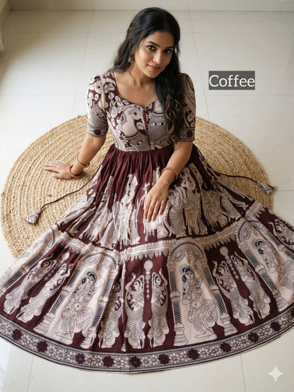 Plus Size Kalamkari Frock - Coffee (3XL-5XL)