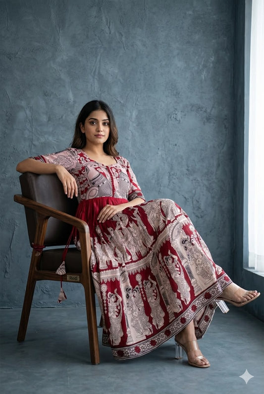 Plus Size Kalamkari Frock - Red (3XL–5XL)