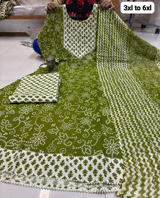 Big Size Pure Cotton Kurti Pent Duppata Set - Olive Green - SSBO2