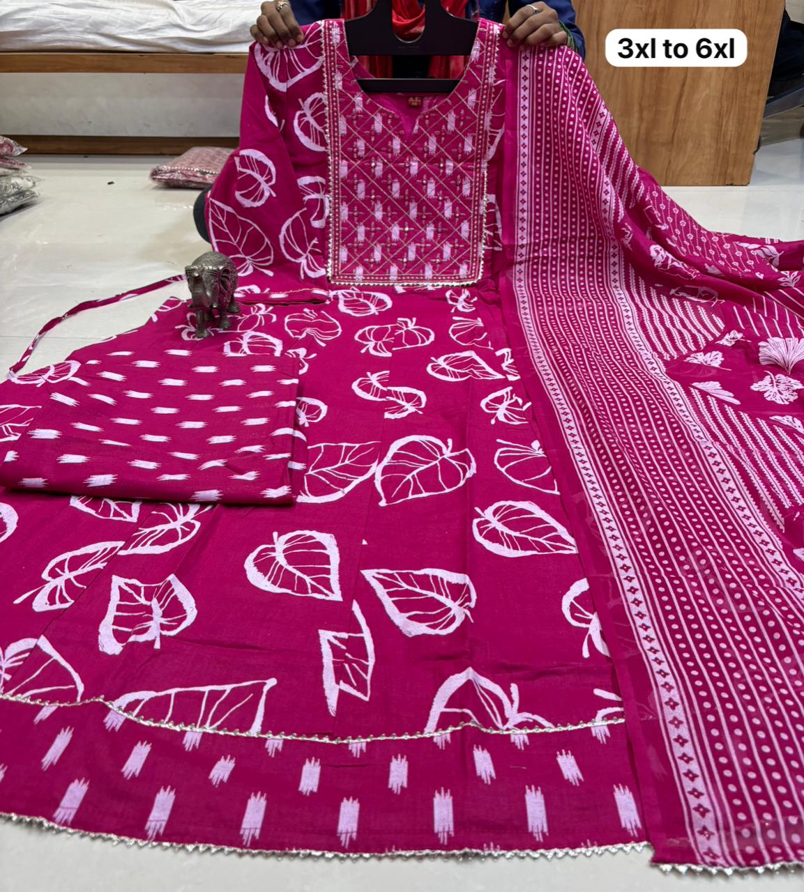 Big Size Pure Cotton Kurti Pent Duppata Set - Mejantha Pink  - SSBO3
