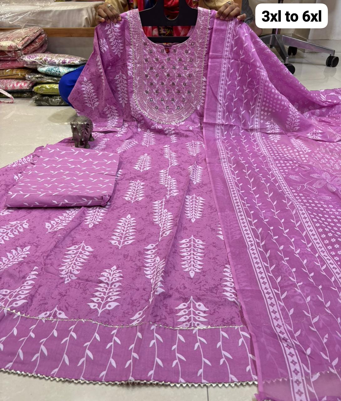 Big Size Pure Cotton Kurti Pent Duppata Set - Lavander - SSVBO6