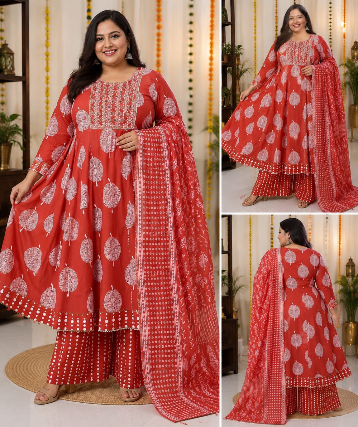 Big Size Pure Cotton Kurti Pent Duppata Set - Rust Orange - SSVB01