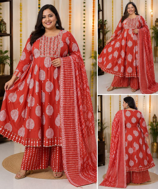 Big Size Pure Cotton Kurti Pent Duppata Set - Rust Orange - SSVB01