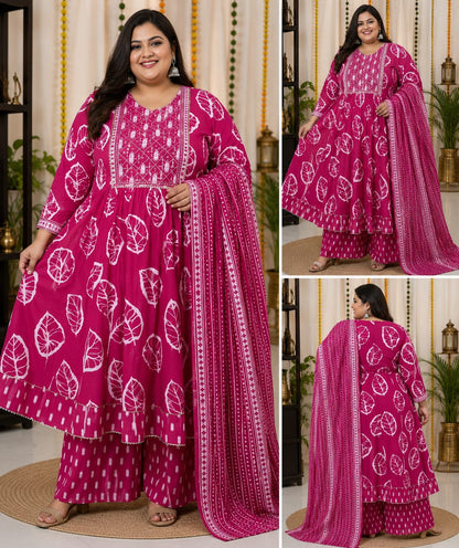 Big Size Pure Cotton Kurti Pent Duppata Set - Mejantha Pink  - SSBO3