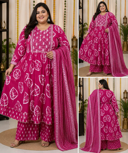 Big Size Pure Cotton Kurti Pent Duppata Set - Mejantha Pink  - SSBO3