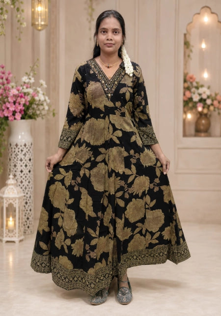 Jaipur Cotton  black olive Panel Cut Anarkali