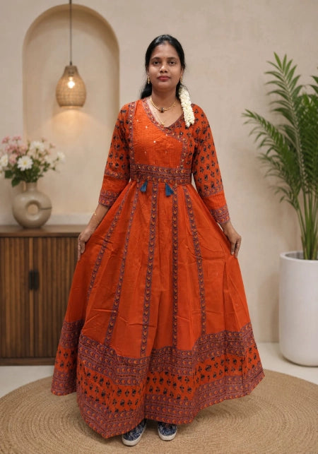 Jaipur Orange Cotton Panel Cut Anarkali