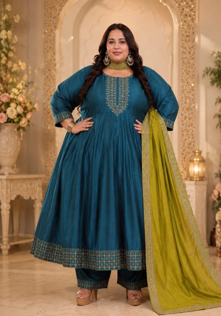 Plus Size Vichitra Silk Anarkali – 3 Piece Set