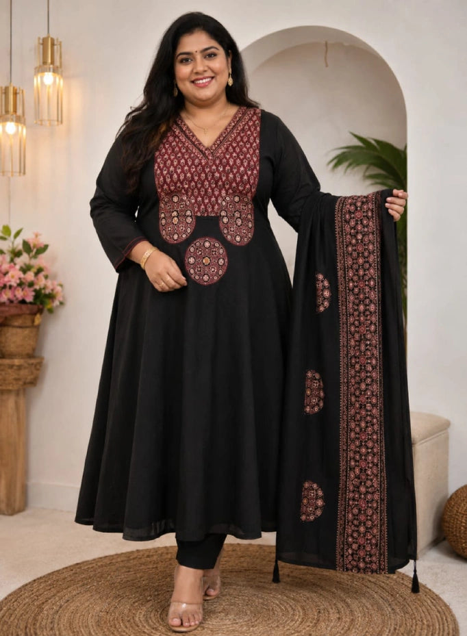 Plus Size Dhabu Cotton Aline 3pcs Set Mirror Work