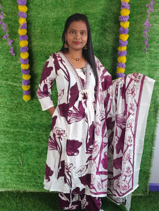 V neck Aline Pattern 3pcs Set Cotton