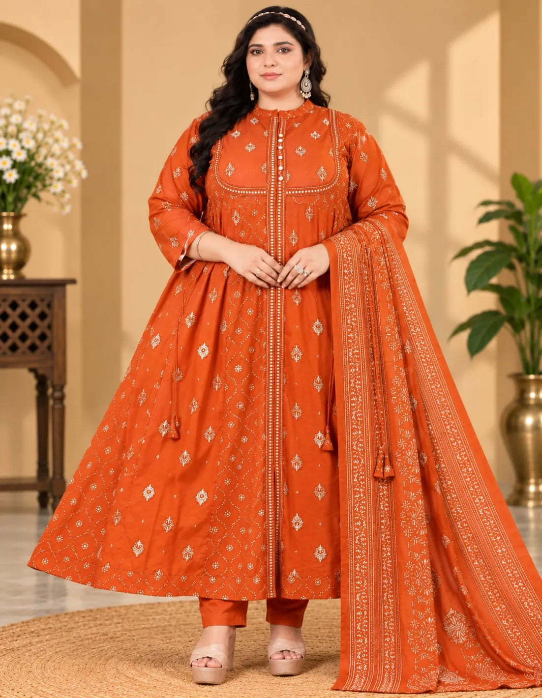 Plus Size Jaipur Centre Slit Umbrella With Dupatta