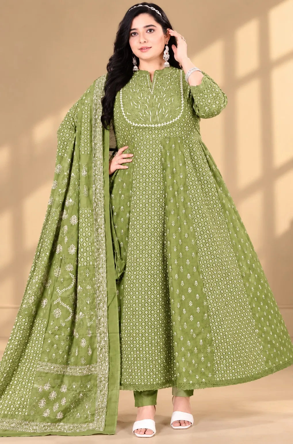 Plus Size Patch Panel Cut Anarkali Cotton 2pcs Set