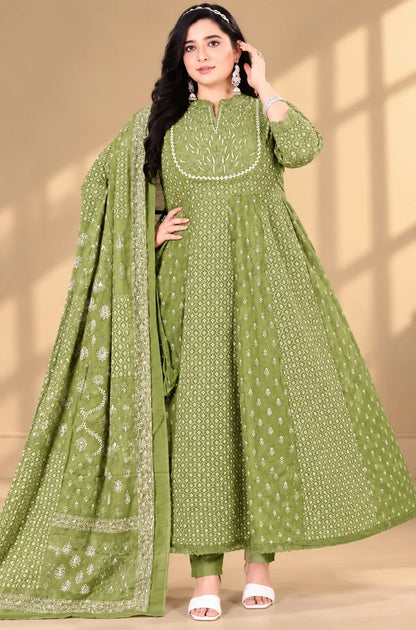 Plus Size Patch Panel Cut Anarkali Cotton 2pcs Set