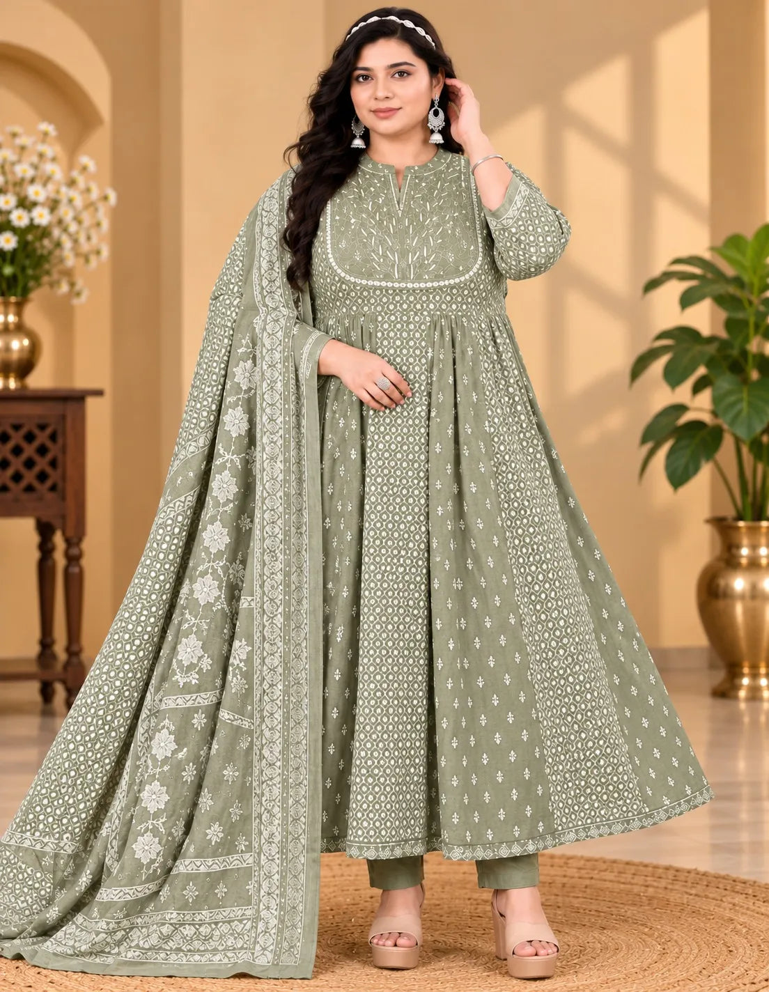 Plus Size Patch Panel Cut Anarkali Cotton 2pcs Set