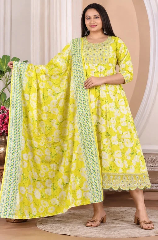 Plus Size Patchwork Anarkali Cotton 2-Piece Set