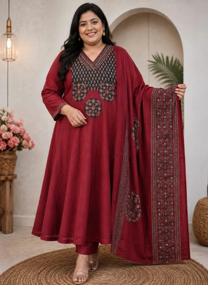 Plus Size Dhabu Cotton Aline 3pcs Set Mirror Work