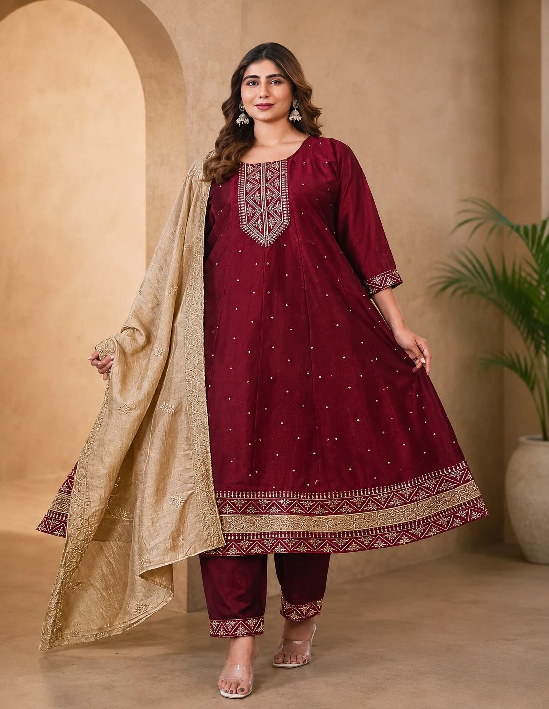Plus Size Vizhitra Silk 3pcs Party Wear - Kali Model