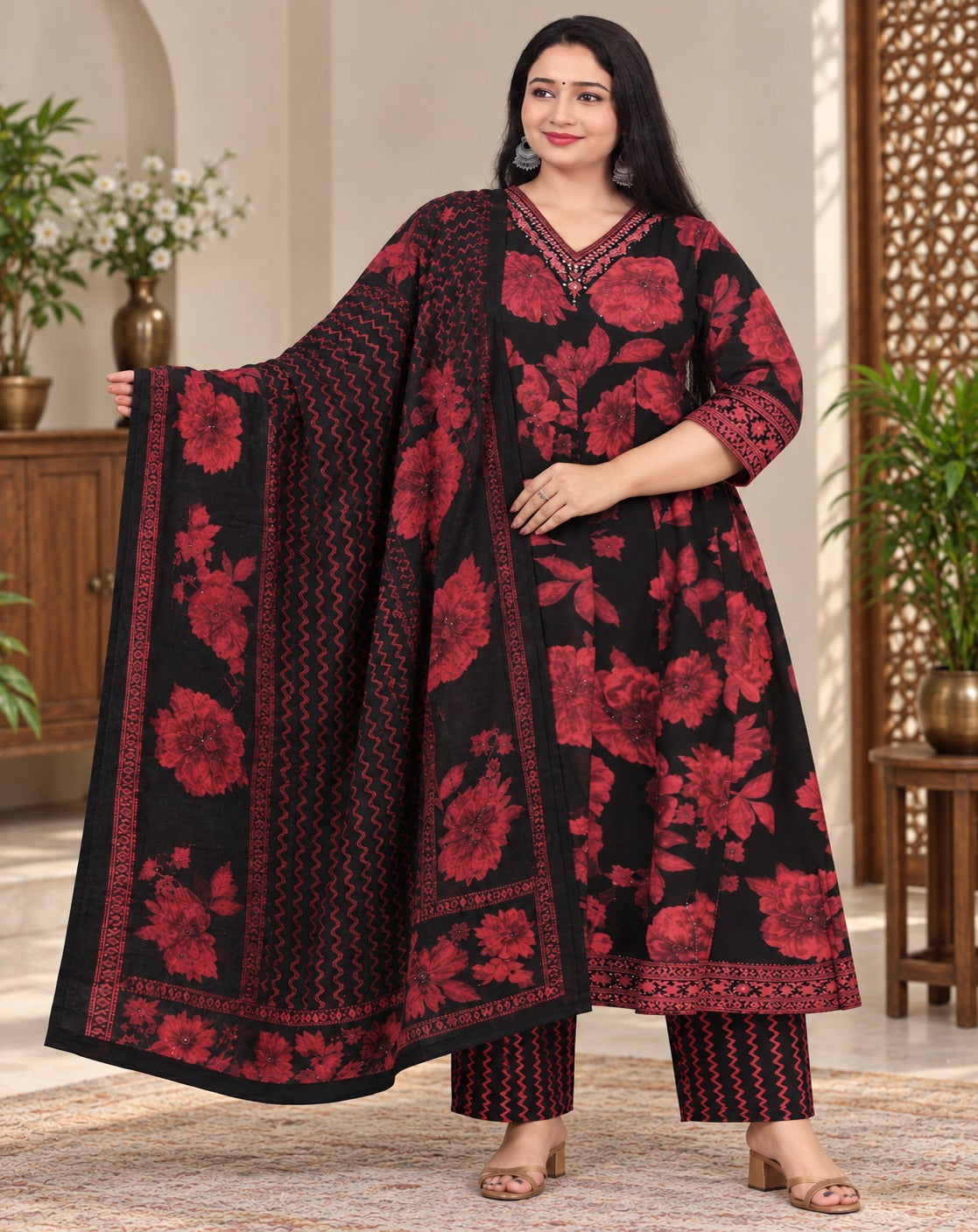 Plus Size V Neck Cotton Pannel Cut Anarkali 3pcs Set