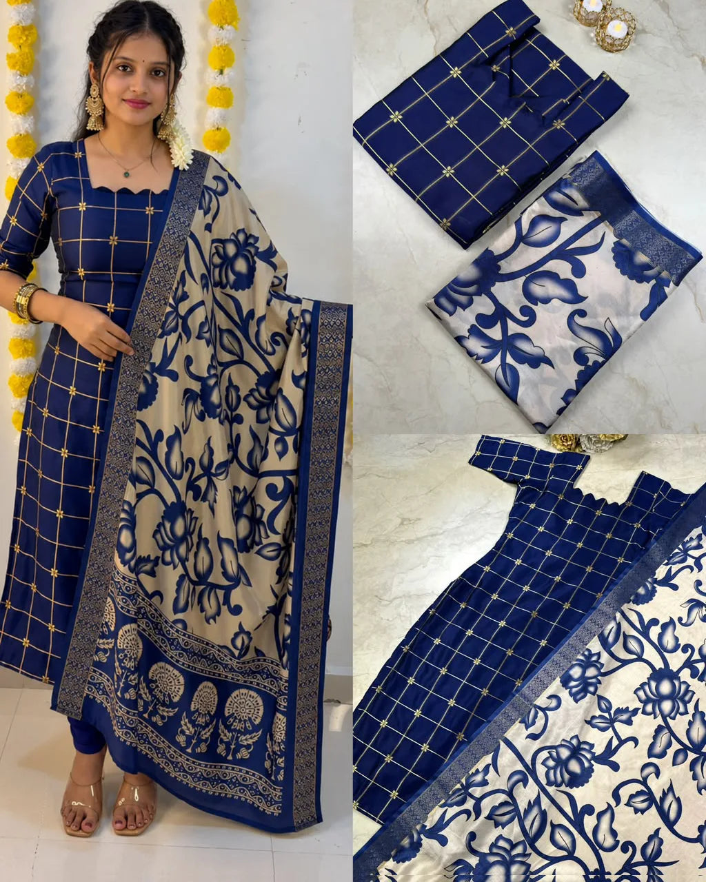 Silk Check Kurti Kalamkari Dupatta