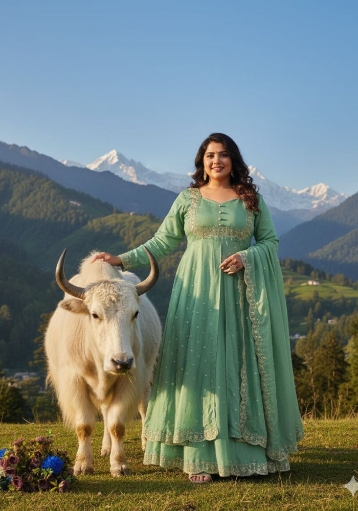 Plus Size Embroidered Gown - Vichitra Silk