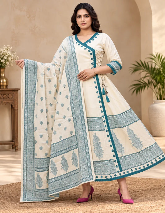 Plus Size Half White Mulmul Cotton Anarkali 3-Piece Set